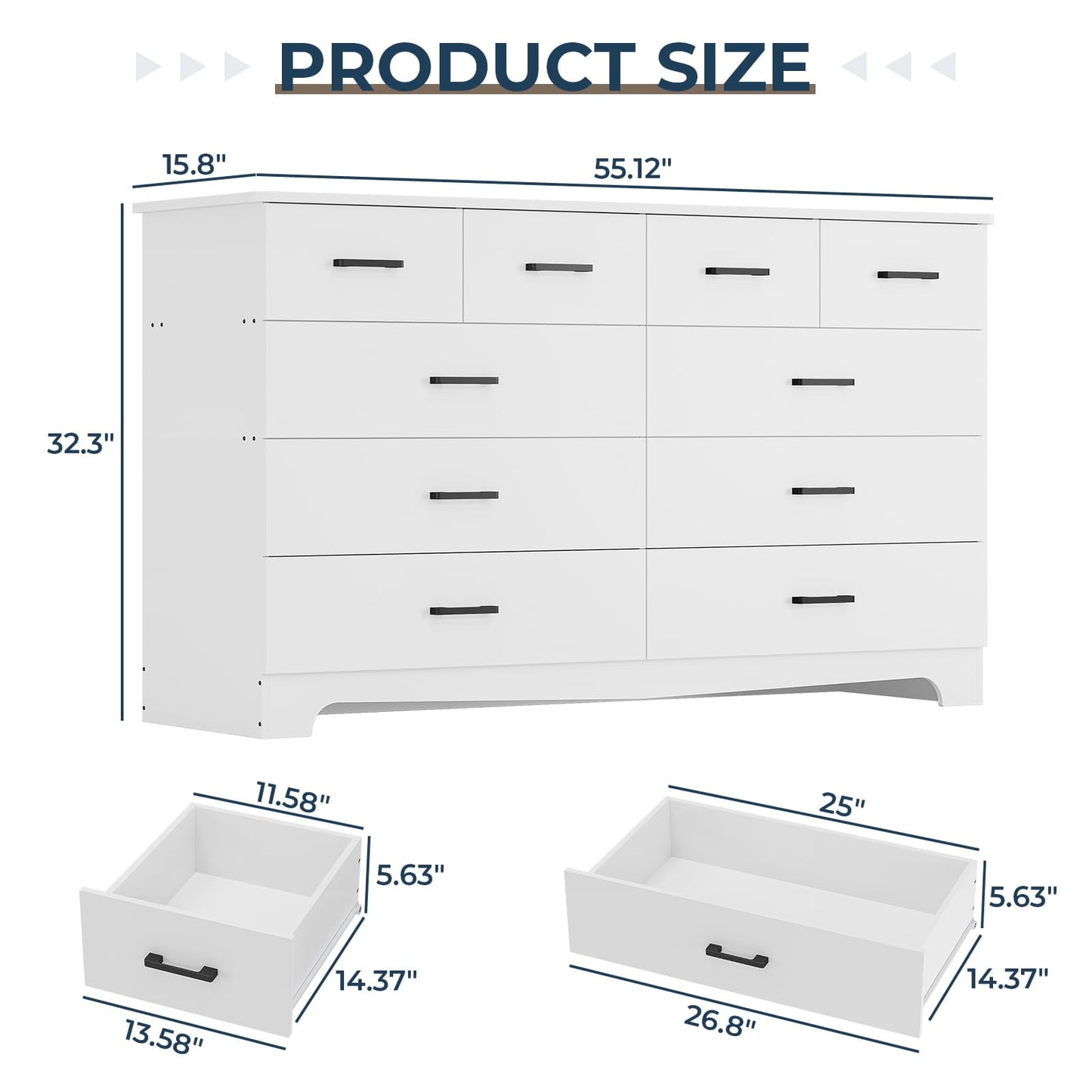 10 Drawers Dresser for Bedroom, Chest of Drawers with Charging Station, Bedroom Storage Organizer, White