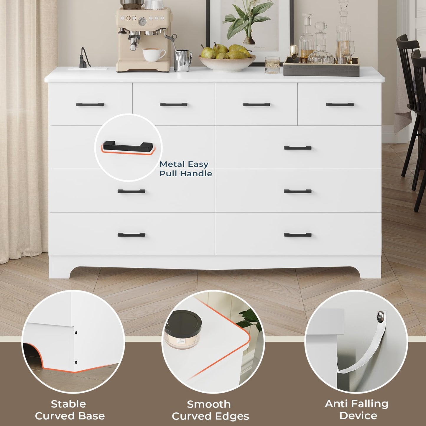 10 Drawers Dresser for Bedroom, Chest of Drawers with Charging Station, Bedroom Storage Organizer, White
