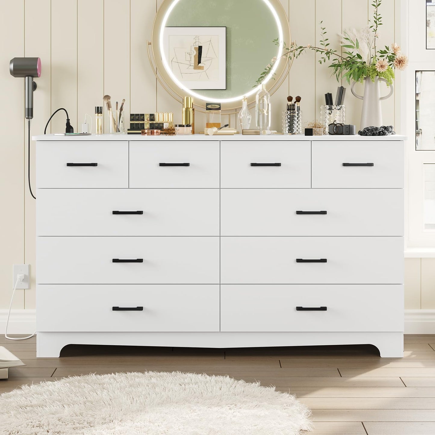 10 Drawers Dresser for Bedroom, Chest of Drawers with Charging Station, Bedroom Storage Organizer, White