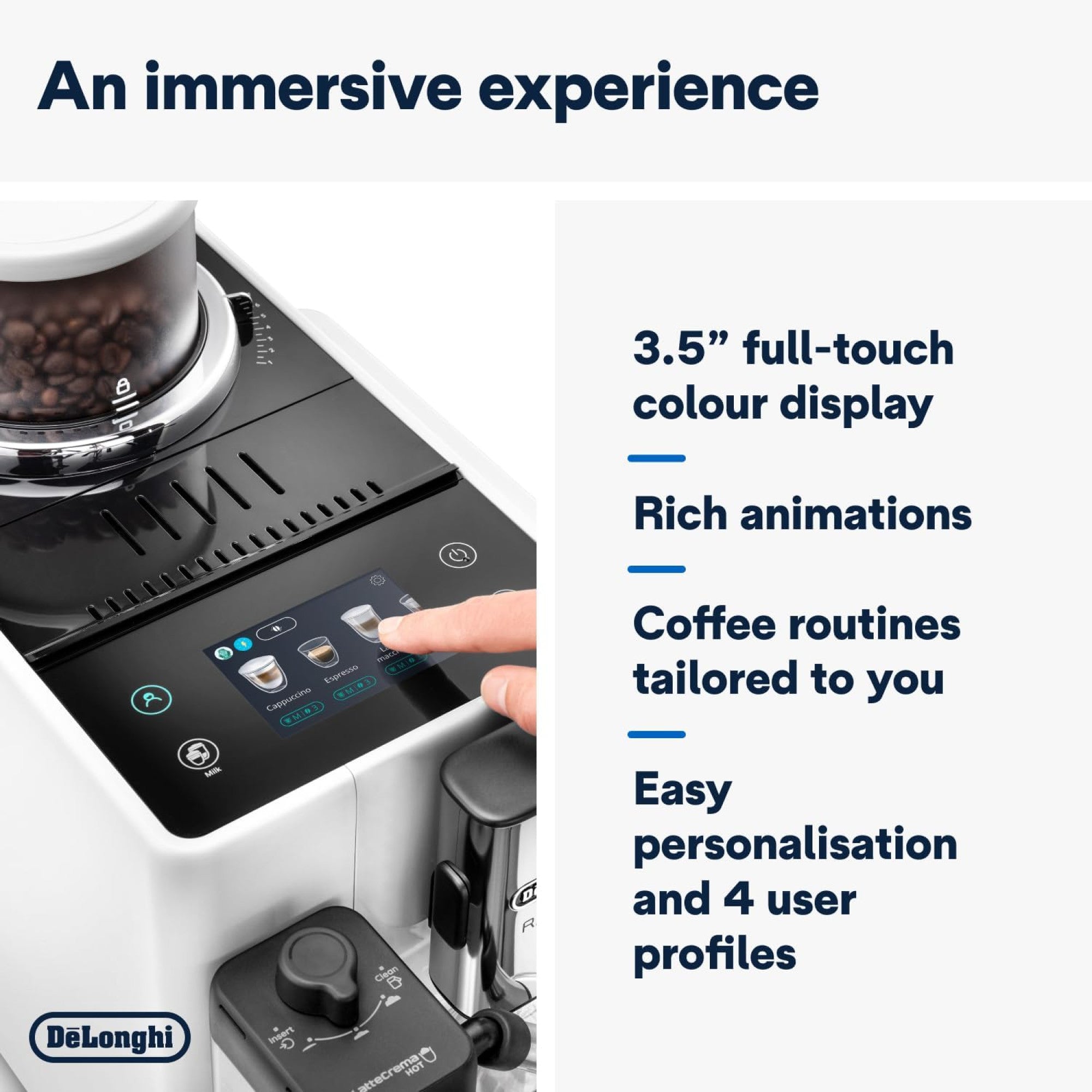 Perfetto Kaffeevollautomat Rivelia EXAM440.55.W - mit LatteCrema-Milchaufschäumer, 16 One-Touch-Getränke, farbiges Touch-Display, Extra-Shot-Funktion, Innovatives Bean-Switch System, Weiß