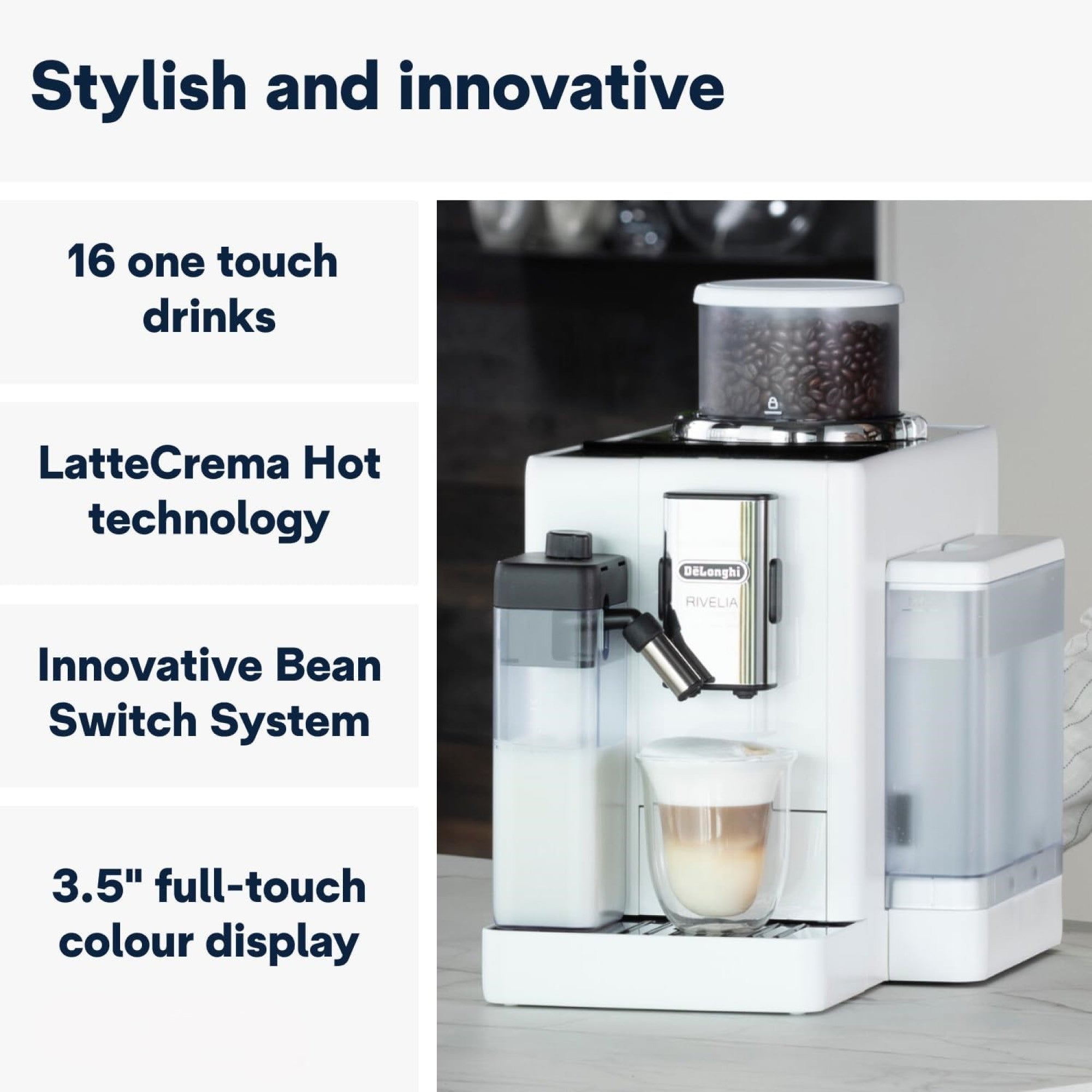 Perfetto Kaffeevollautomat Rivelia EXAM440.55.W - mit LatteCrema-Milchaufschäumer, 16 One-Touch-Getränke, farbiges Touch-Display, Extra-Shot-Funktion, Innovatives Bean-Switch System, Weiß